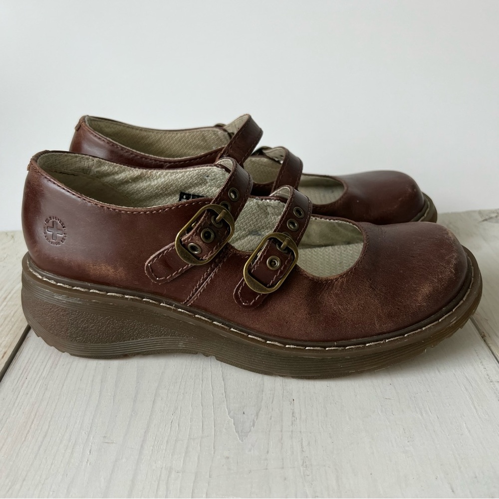Dr Martens Candie Wedge Mary Jane Brown Leather Shoes
